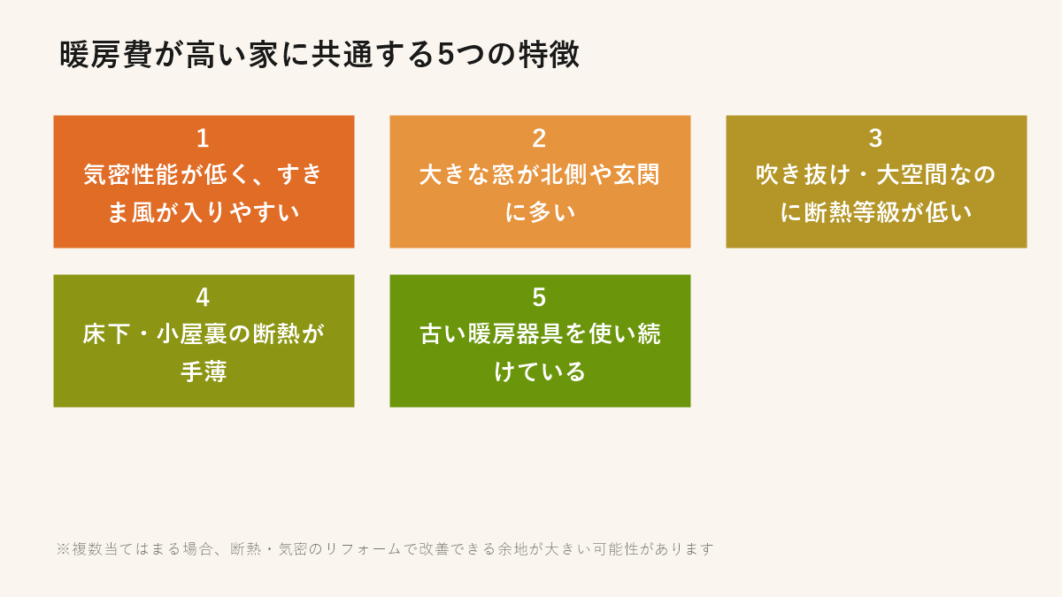 暖房費が高い家に共通する5つの特徴（気密性能・窓・吹き抜け・床下小屋裏断熱・古い暖房器具）