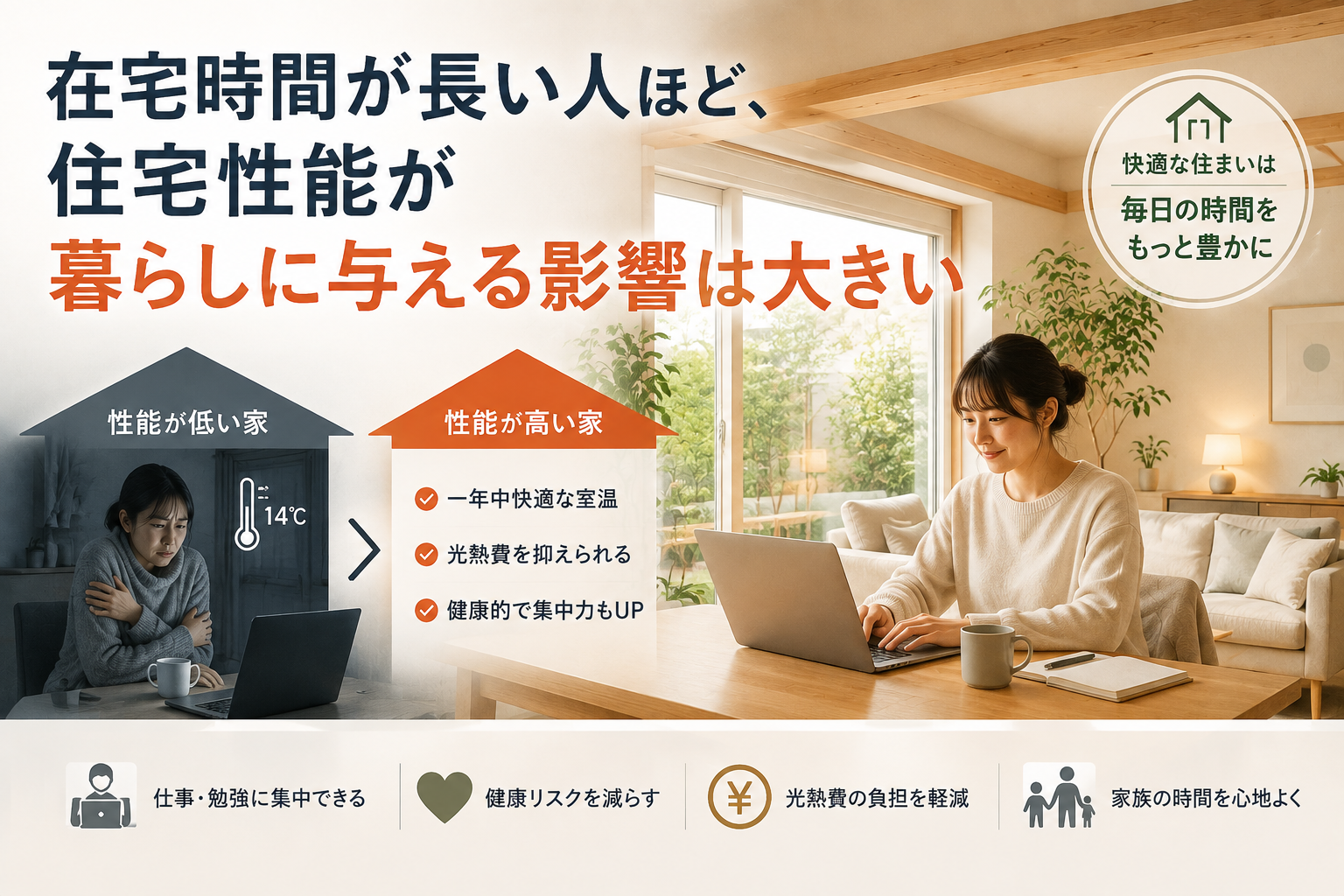在宅時間が長い人ほど、住宅性能が暮らしに与える影響は大きい｜長崎で重要な高断熱・高気密住宅の考え方