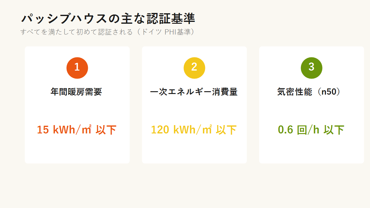 パッシブハウスの主な認証基準(年間暖房需要・一次エネルギー消費量・気密性能)