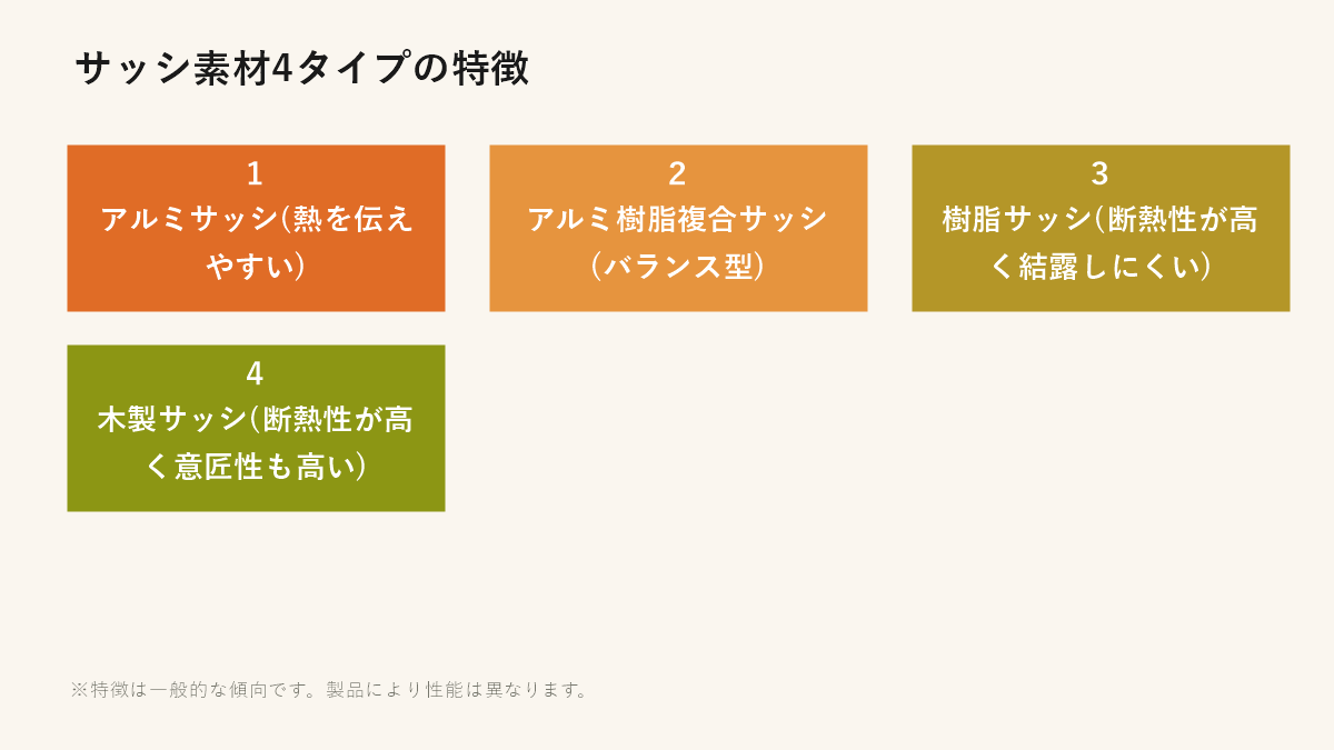 サッシ素材4タイプの特徴（アルミ・アルミ樹脂複合・樹脂・木製）
